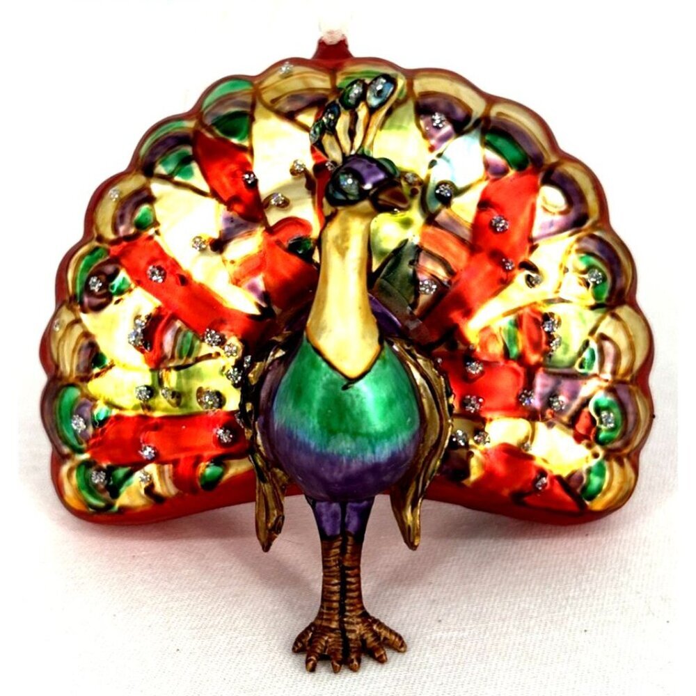 Peacock Christmas Ornament Multicolor Bird Hand Blown Glass 4" Wide Vintage